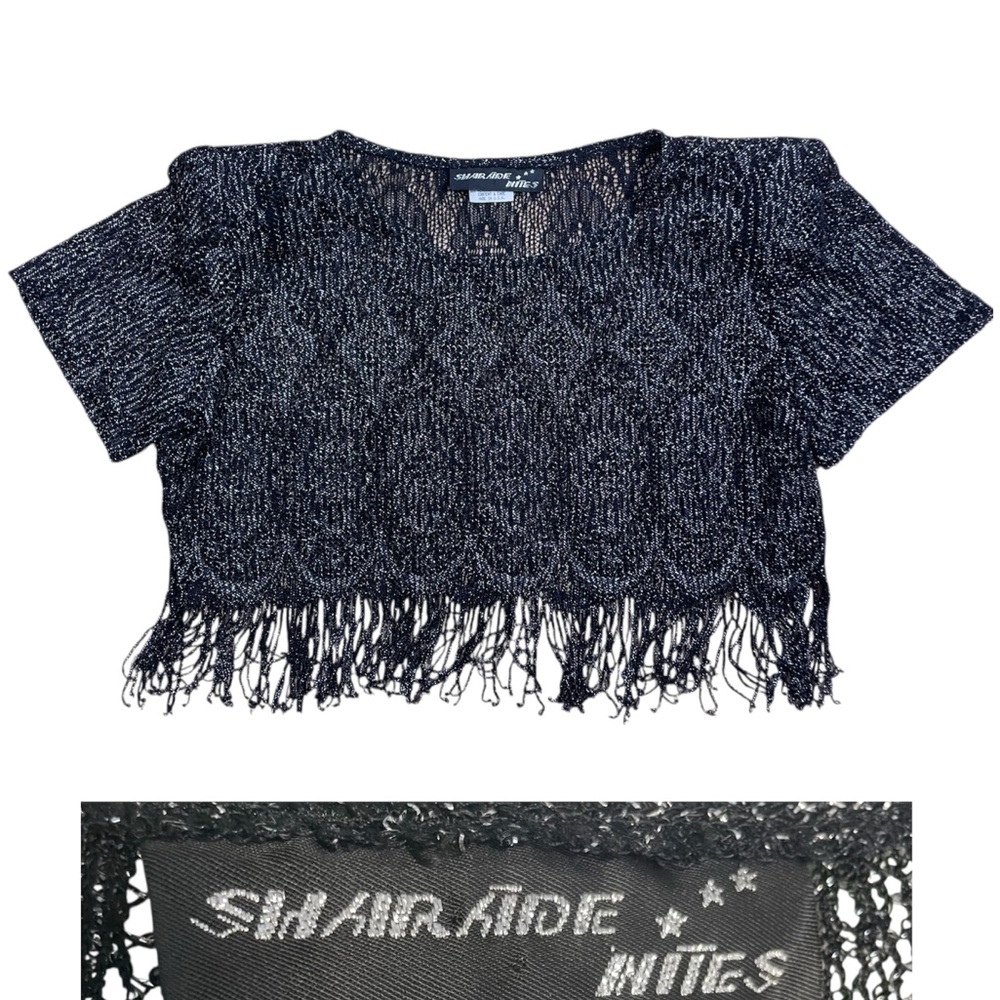 80s Metallic Fringe Top Glam Black Crop Knit Crochet 12 Vintage Sharade 90s